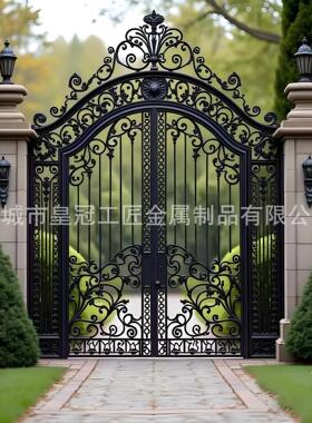 别墅锻打铁艺庭院大门 黑色欧式对开铁艺车道大门 自动推拉门
