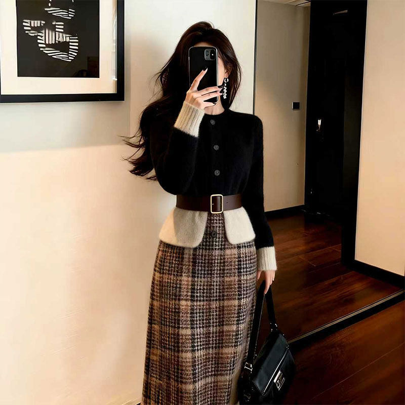 2025新款复古学院风格纹假两件套装女秋冬显瘦针织开衫半身裙套装,女装/女士精品,大码套装,淘宝优惠券,粉丝福利购,淘宝优惠卷