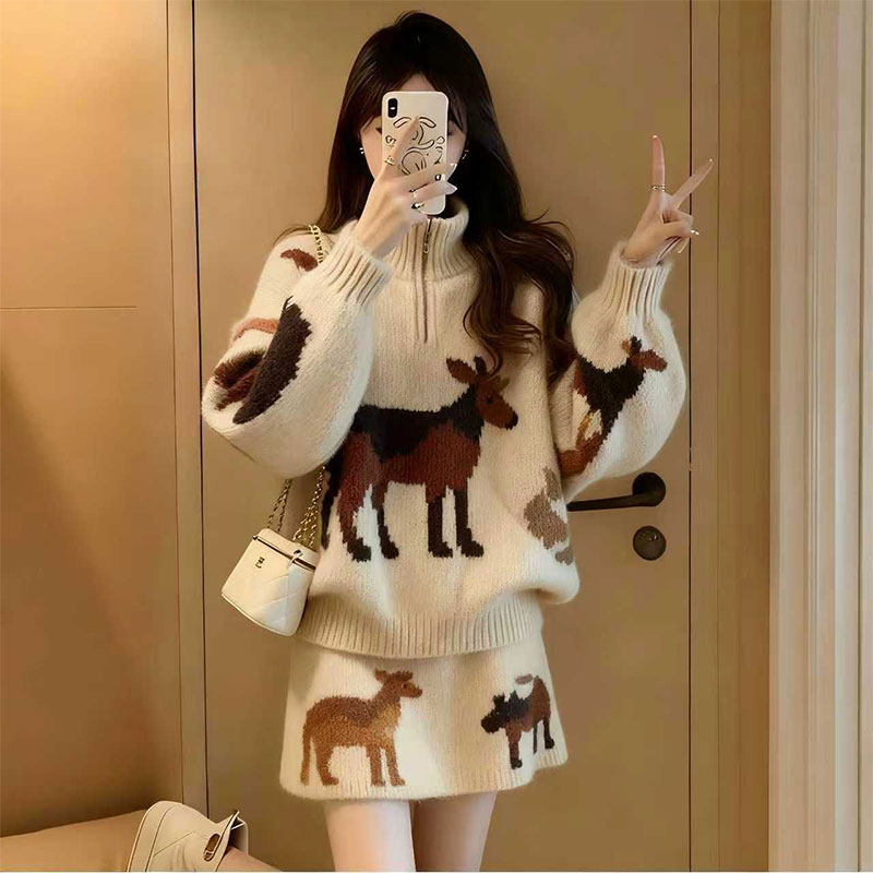 2025秋冬可爱动物图案毛绒针织套装女秋冬高级感毛衣半身裙两件套,女装/女士精品,大码套装,淘宝优惠券,粉丝福利购,淘宝优惠卷