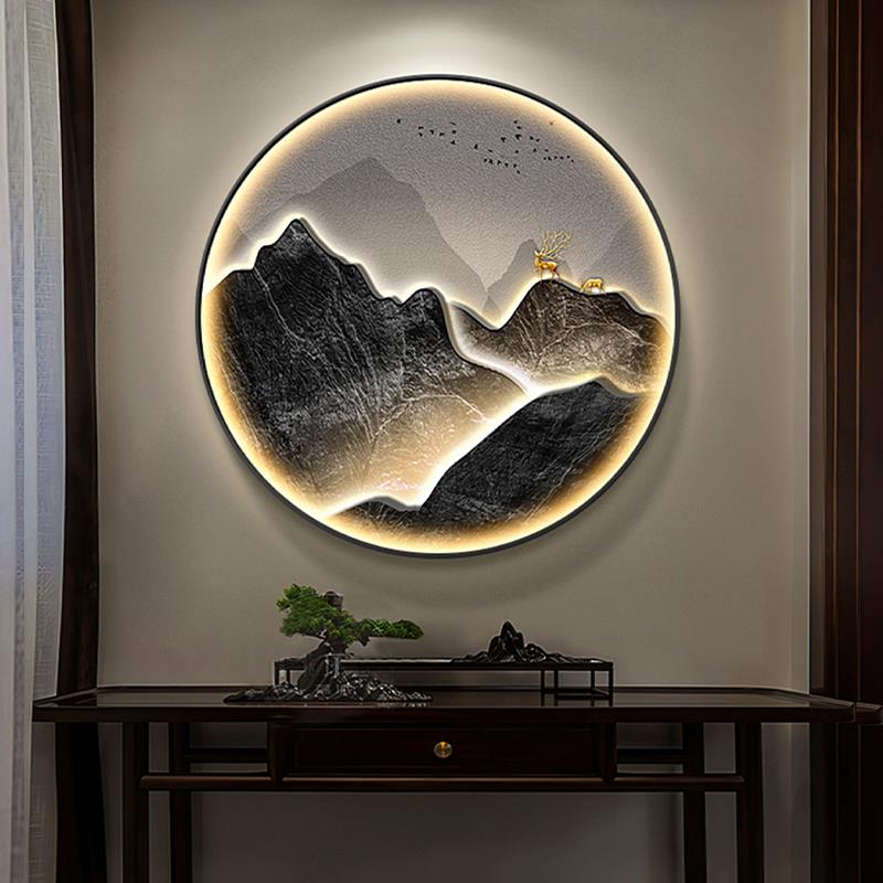 新中式入户玄关金山装饰画圆形山水挂画走廊过道壁画禅意茶室灯画图片
