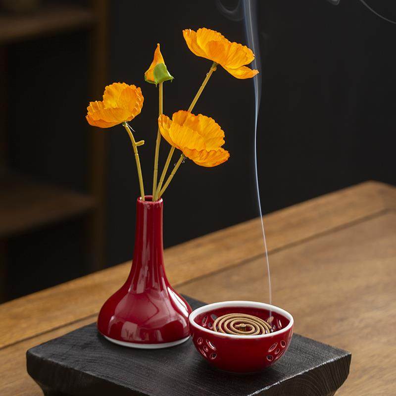 红色陶瓷女士盘香炉茶室葫芦檀香熏香炉香料罐散香器香道摆件花器