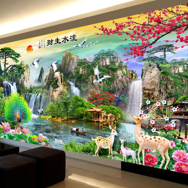 2024新款钻石画满钻客厅风景山水画点贴钻十字绣流水生财5D砖石绣