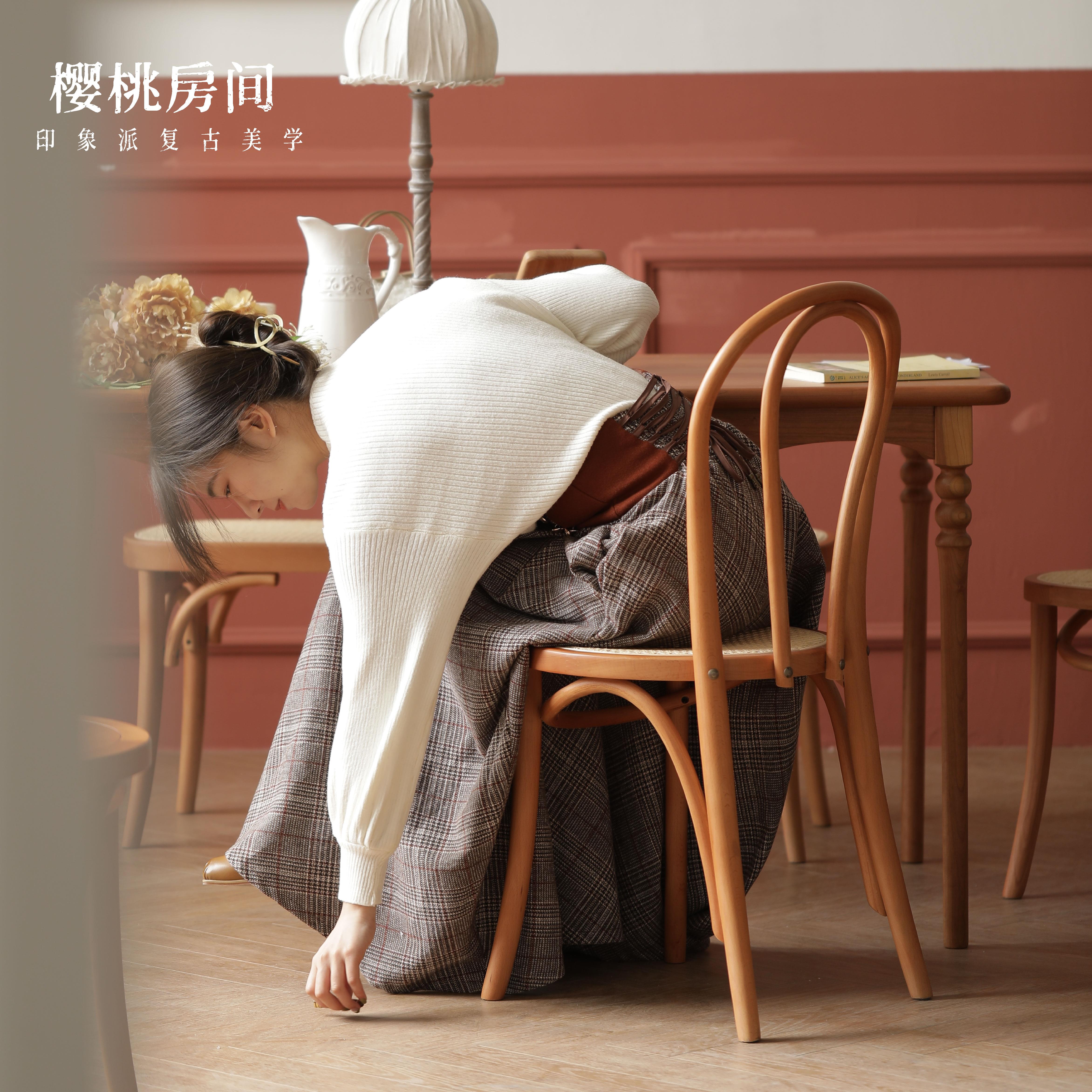 樱桃房间｜18号椅全实木餐椅藤编北欧复古靠背椅原木书桌椅家用