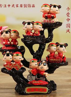 中式婚庆娃娃套装树脂小木桩工艺品情侣七夕礼品家居婚房布置摆件