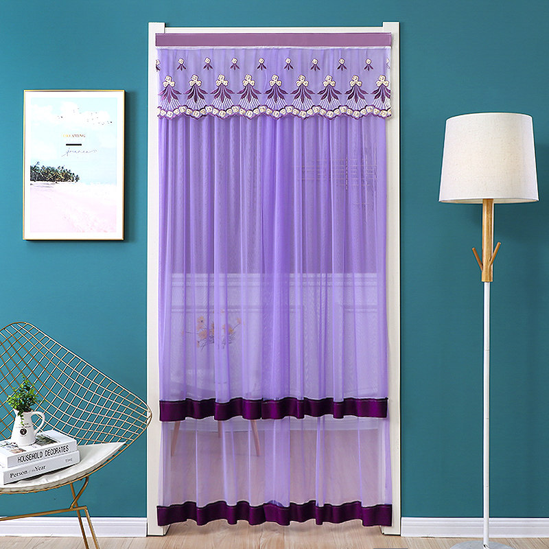 蕾丝门帘家用免打孔夏季新款卧室纯色防蚊纱帘子魔术贴长帘隔断帘