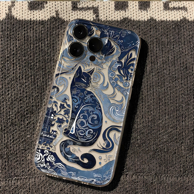 手机壳OPPORENO14高级感青花猫适用红米k70至尊版iPhone12透明软13ProMax小众苹果16创意15PLUS华为荣耀POWER