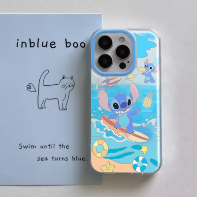 iPhone16可爱苹果14plus大孔OPPORENO15PRO手机壳硬镜子支架小米17ProMax适用冲浪史迪仔一加13T卡通VIVOX300