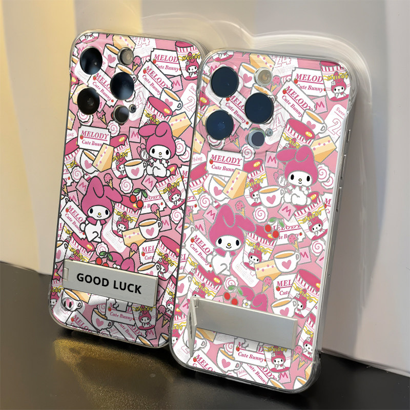 苹果16适用iPhone13透明小米14可爱满屏美乐蒂12荣耀Magic7无边框硬17ProMax手机壳带支架15PLUS超薄少女心a5