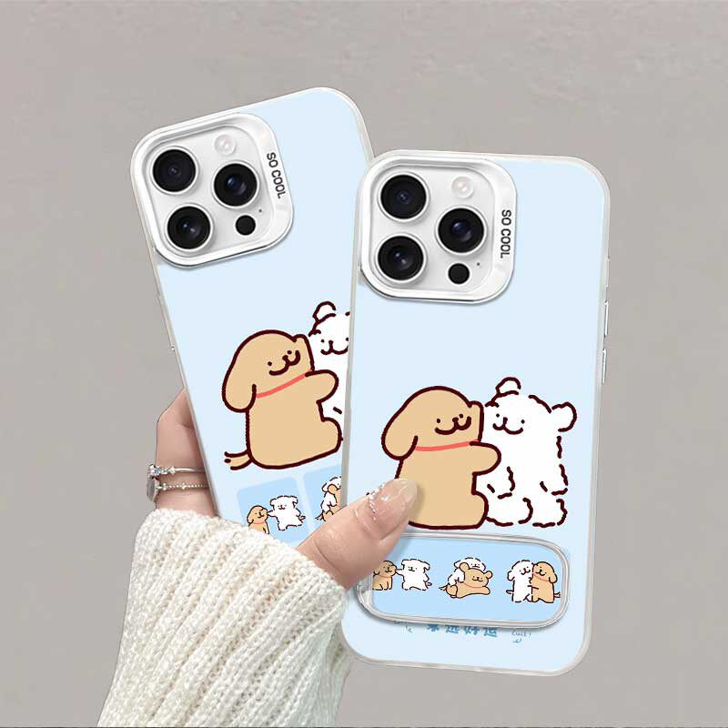 拥抱线条小狗一加13适用iPhone14高级感硬苹果12ProMax可爱带镜子支架手机壳16PLUS彩银小米15ULTRA卡通X200S