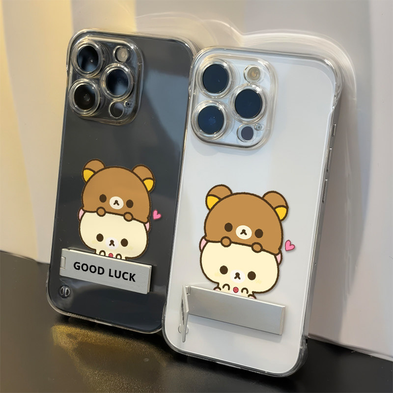 iPhone14透明16PLUS棕黄轻松熊苹果12手机壳带支架华为PURA80适用13卡通超薄OPPOReno15可爱无边框硬17ProMax
