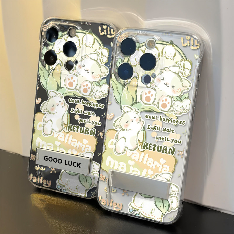 iPhone15带支架高级感可爱华为MATE80卡通苹果13创意硬无边框17ProMax玉铃兰兔子适用16PLUS手机壳透明14超薄