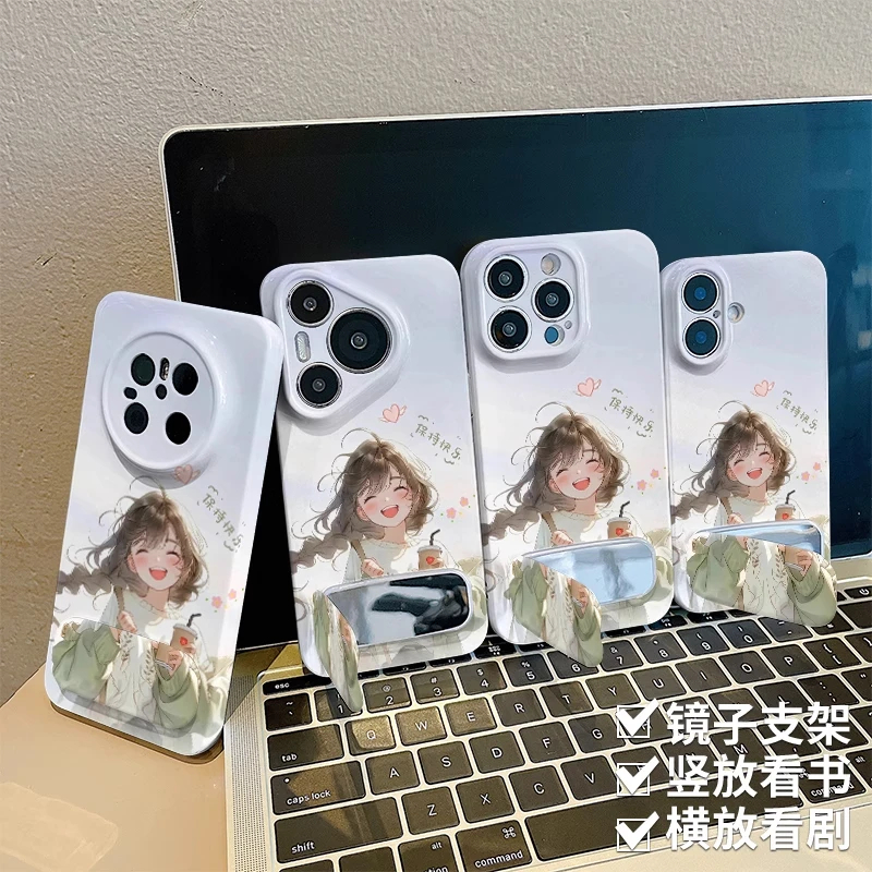 iPhone16手机壳硬15带镜子支架14plusins风开心女孩OPPOFindx8适用苹果13菲林12ProMax可爱红米k80卡通iQOOz9