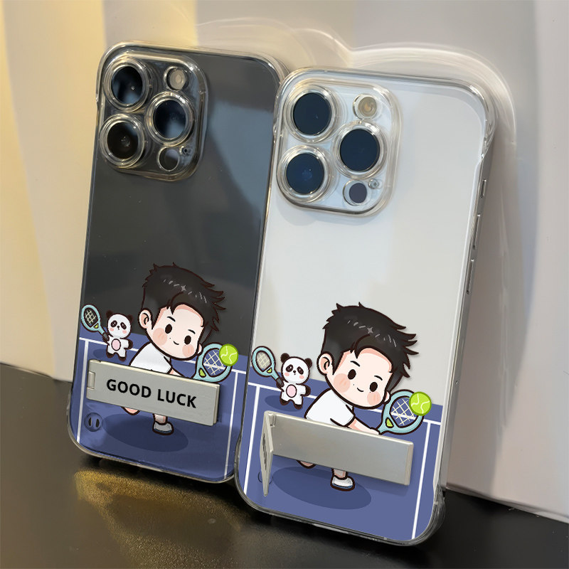 苹果15适用iPhone12手机壳带支架樊振东周边打网球16PLUS荣耀X70I硬无边框高级感13ProMax卡通透明超薄Reno14