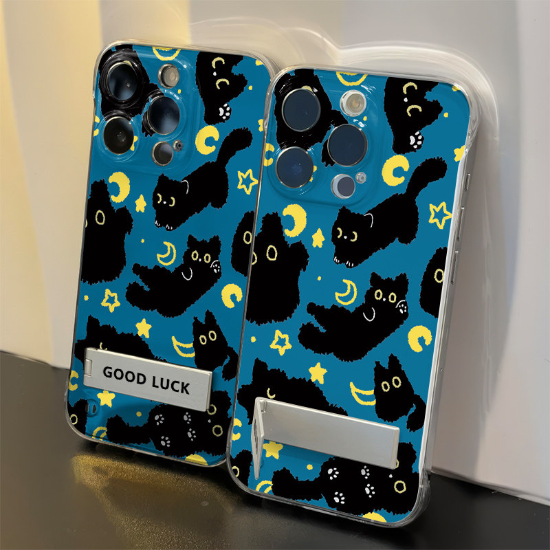 月亮黑猫OPPOReno14超薄15高级感iPhone16适用华为mate70透明苹果12手机壳带支架硬13promax无边框荣耀400PRO