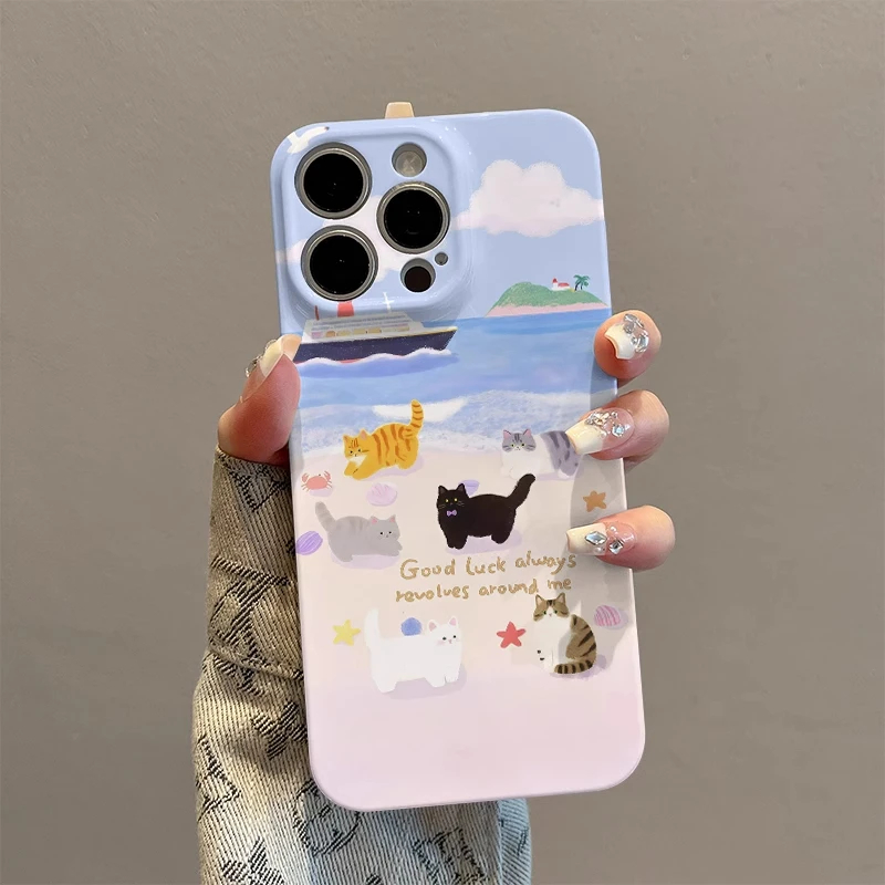iPhone13海滩猫咪华为Pura80菲林12ProMax可爱苹果16手机壳硬15带镜子支架14plus适用荣耀MAGIC7ins风红米k70