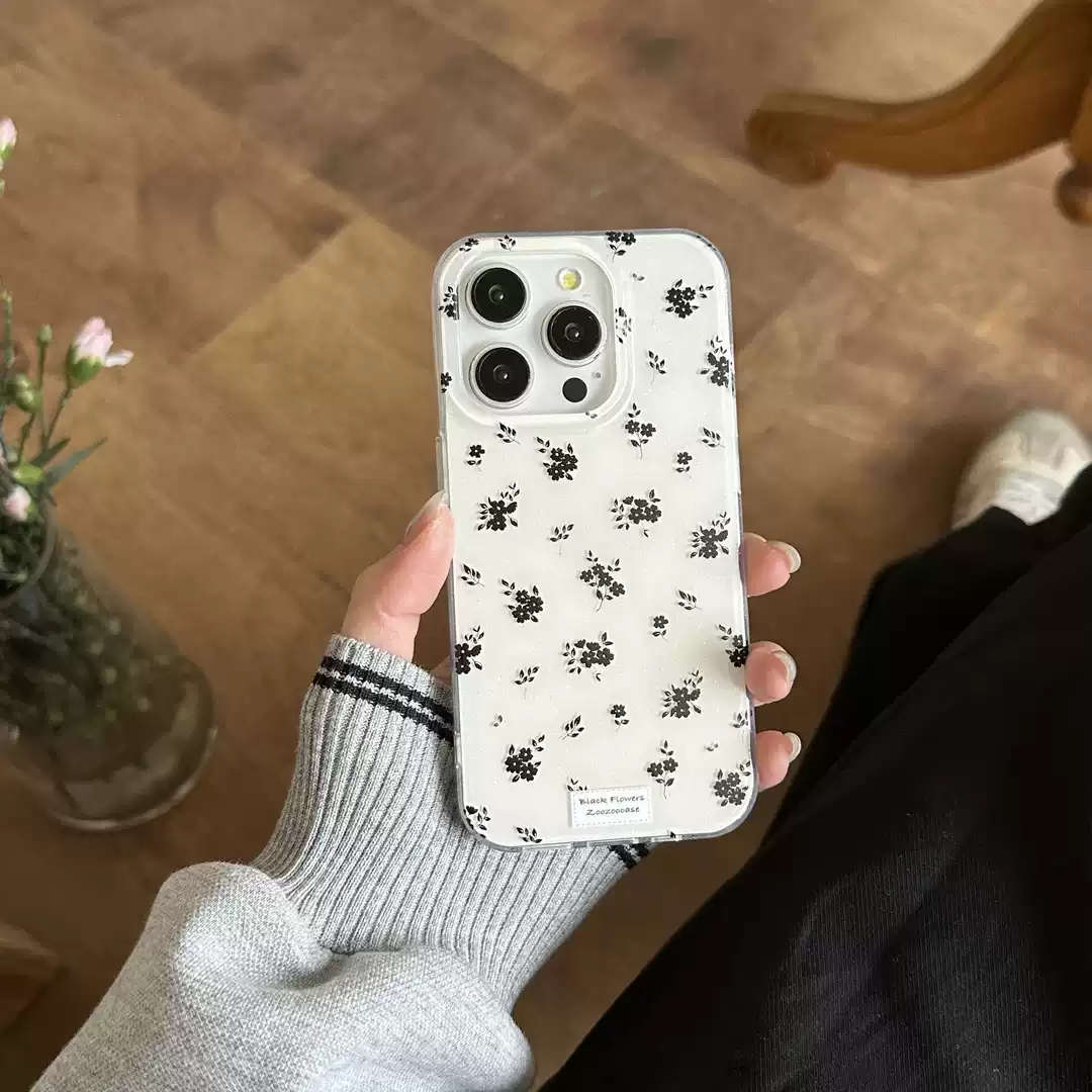 红米note14适用iPhone15大孔x200简约满屏黑花苹果13pro硬16手机壳12promax小清新OPPOfindx8ins风华为mate70