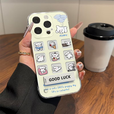 小狗iPhone15卡通14Plus透明FINDX8超薄13ProMax手机壳带支架S20适用苹果16高级感MAGIC7无边框A5Pro硬NOVA12