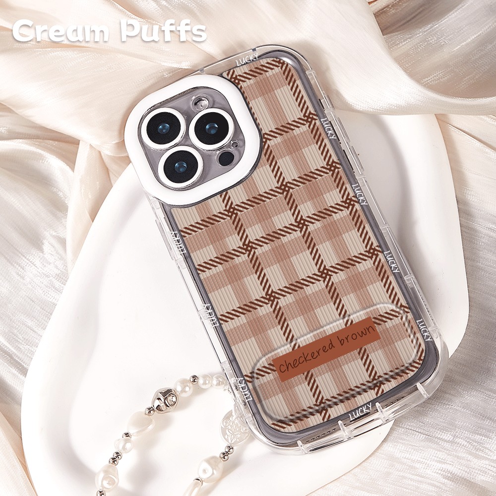 一加ACE6条纹格子苹果14镜子支架13适用17ProMax复古iPhone16plus小众荣耀400带挂绳VIVOIQOO15手机壳软ins风