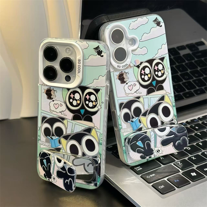 iPhone16苹果12可爱彩银13ProMax星星眼罗小黑手机壳硬高级感Nova14卡通适用15PLUS带镜子支架创意OPPOFINDX8