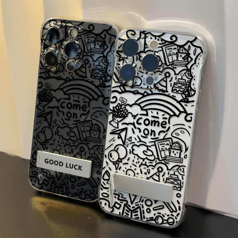 适用iPhone15手机壳带支架14PLUS涂鸦创意壁纸苹果12华为mate80高级感17超薄无边框IQOO13创意透明硬16ProMax