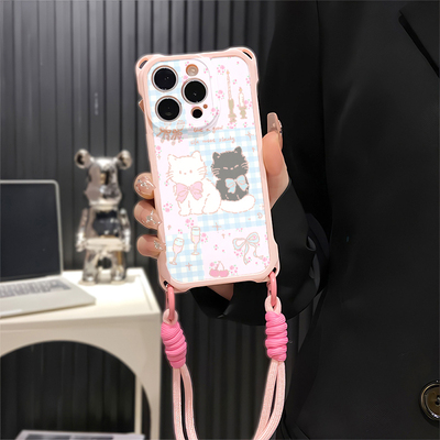 iPhone12拼接黑白猫咪斜挎手腕挂绳卡通VIVOIQOO15适用苹果13四角开孔小米17可爱防摔16plus手机壳软14ProMax
