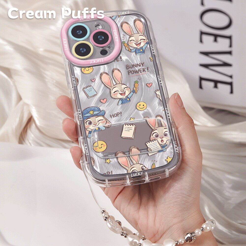 iPhone16e带挂绳可爱14plus手机壳OPPORENO15C高颜值卡通软适用苹果13镜子支架小米17ProMax情侣开心朱迪尼克