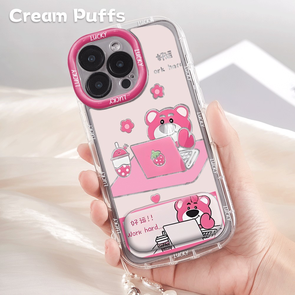 工作草莓熊少女心红米TURBO5iPhone14带挂绳15plus卡通手机壳13软适用苹果16e镜子支架17ProMax可爱荣耀MGIC8