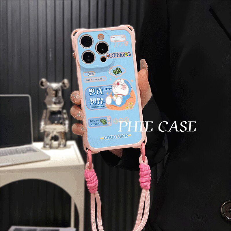 四角开孔OPPOReno13思钱想厚多啦a梦iPhone15plus手机壳软14苹果12适用红米k80防摔透明16ProMax斜挎手腕挂绳