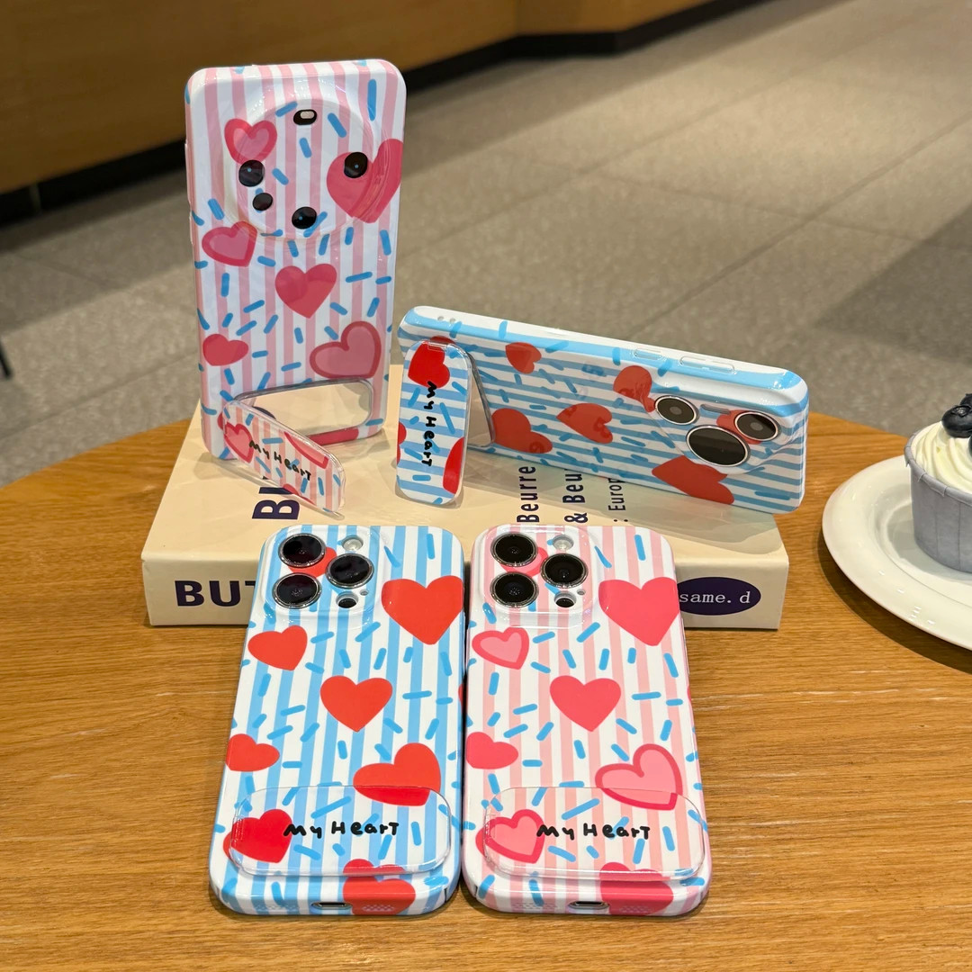 手机壳硬15ProMax带镜子支架16PLUS小众iPhone12菲林高级感一加13T情侣涂鸦爱心苹果14适用ins风红米k80Ultra