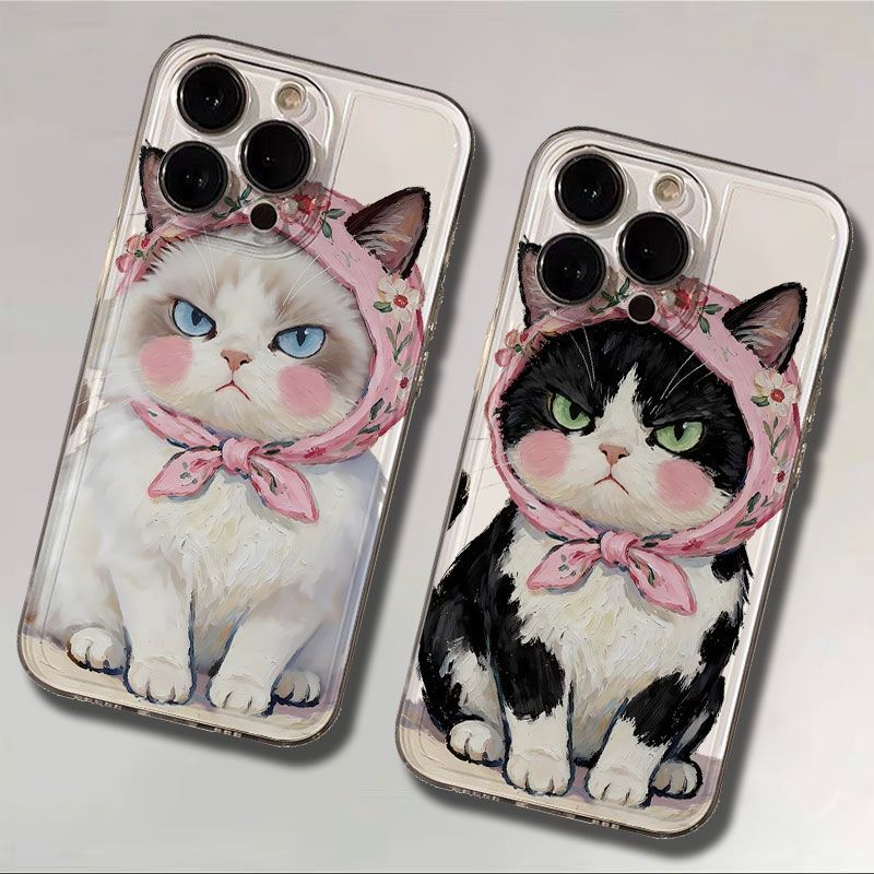 情侣14ProMax适用苹果13卡通一加15t治愈系头巾猫咪iPhone16少女心Findx8手机壳软小米17透明12可爱x300Ultra