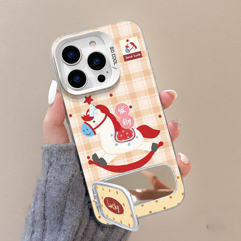 发财小马iPhone13带镜子支架创意IQOO15彩银硬苹果17适用14PLUS卡通高级感14ProMax手机壳ins风OPPORENO16PRO