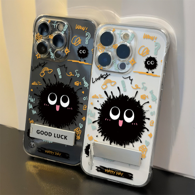 可爱煤球苹果17手机壳带支架12ProMax无边框硬红米NOTE15创意适用Nova13创意OPPOA5X透明小米14超薄iPhone16e