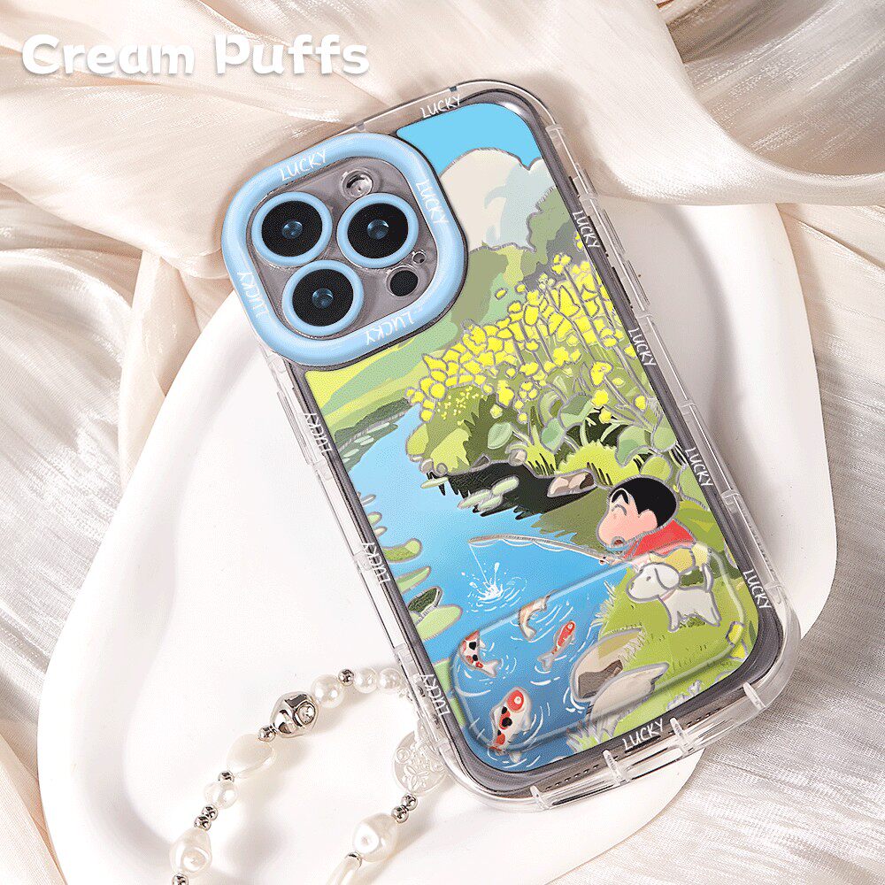 卡通iPhone13适用OPPORENO15PRO带挂绳16plusins风手机壳华为NOVA14至尊软苹果17PROMAX镜子支架可爱钓鱼小新
