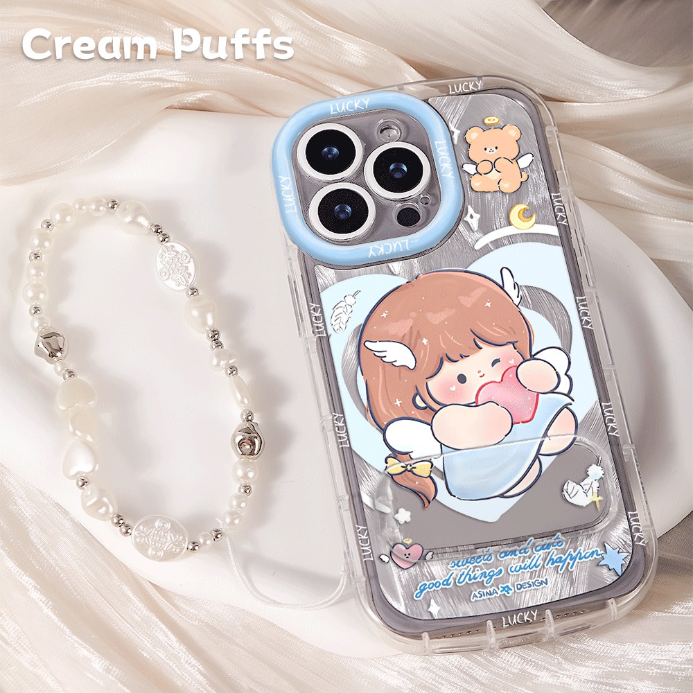 VIVOx300爱心小熊女孩苹果14plus镜子支架13适用17ProMax少女心iPhone16带挂绳OPPOReno15手机壳软12可爱a58x