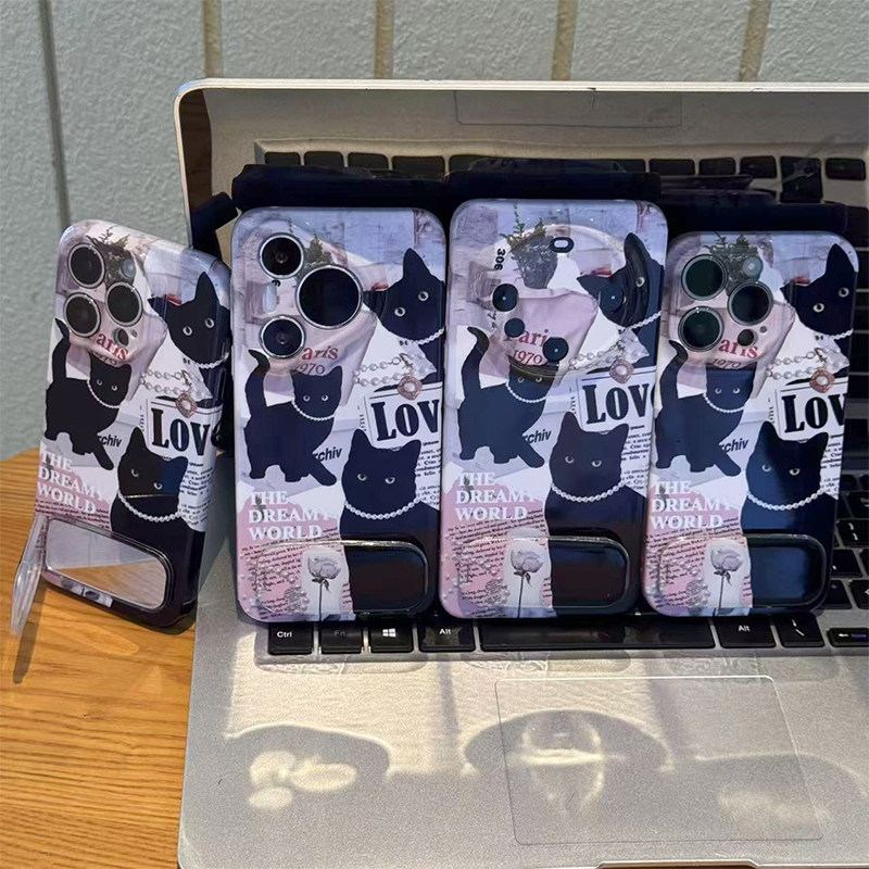 带镜子支架手机壳16ProMax海报黑猫适用iPhone12荣耀400卡通菲林OPPOReno14硬高级感15PLUS苹果13潮酷VIVOS30