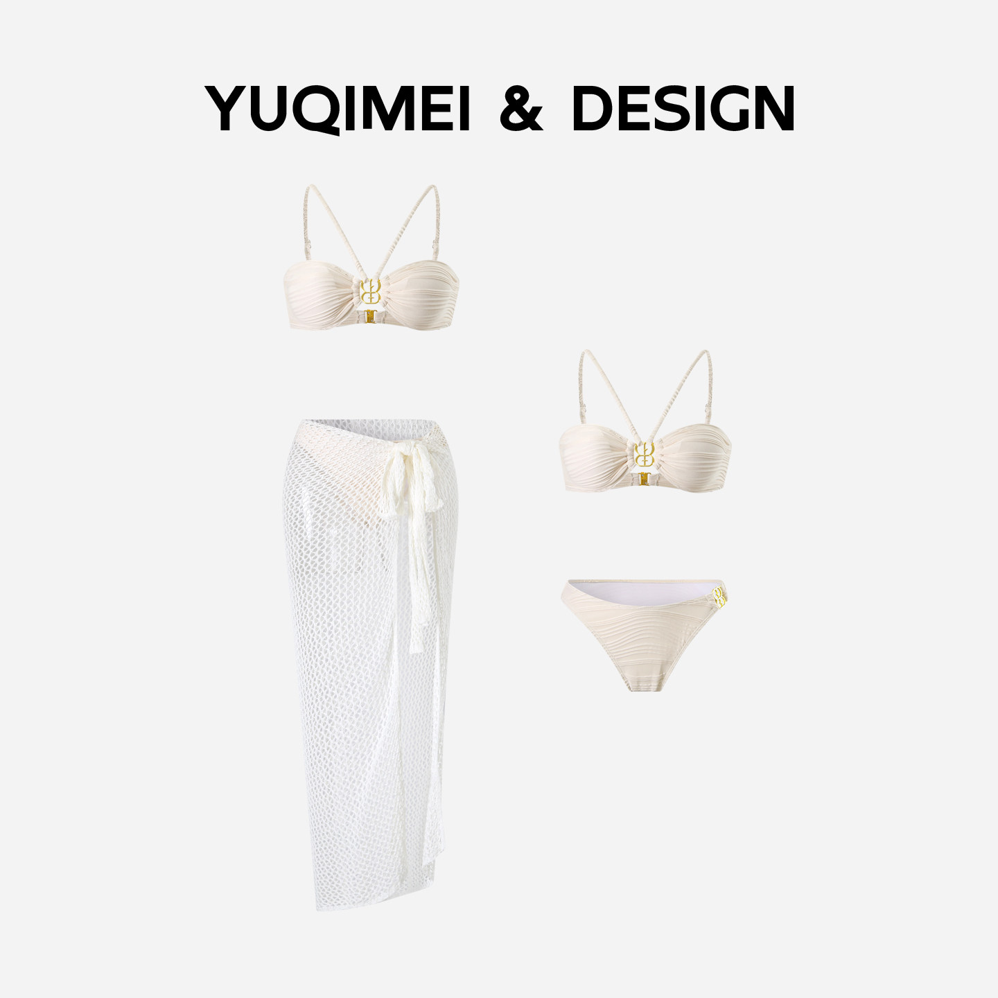 YUQIMEI2025新款比基尼性感纯欲三件套分体温泉泳衣女款针织长裙