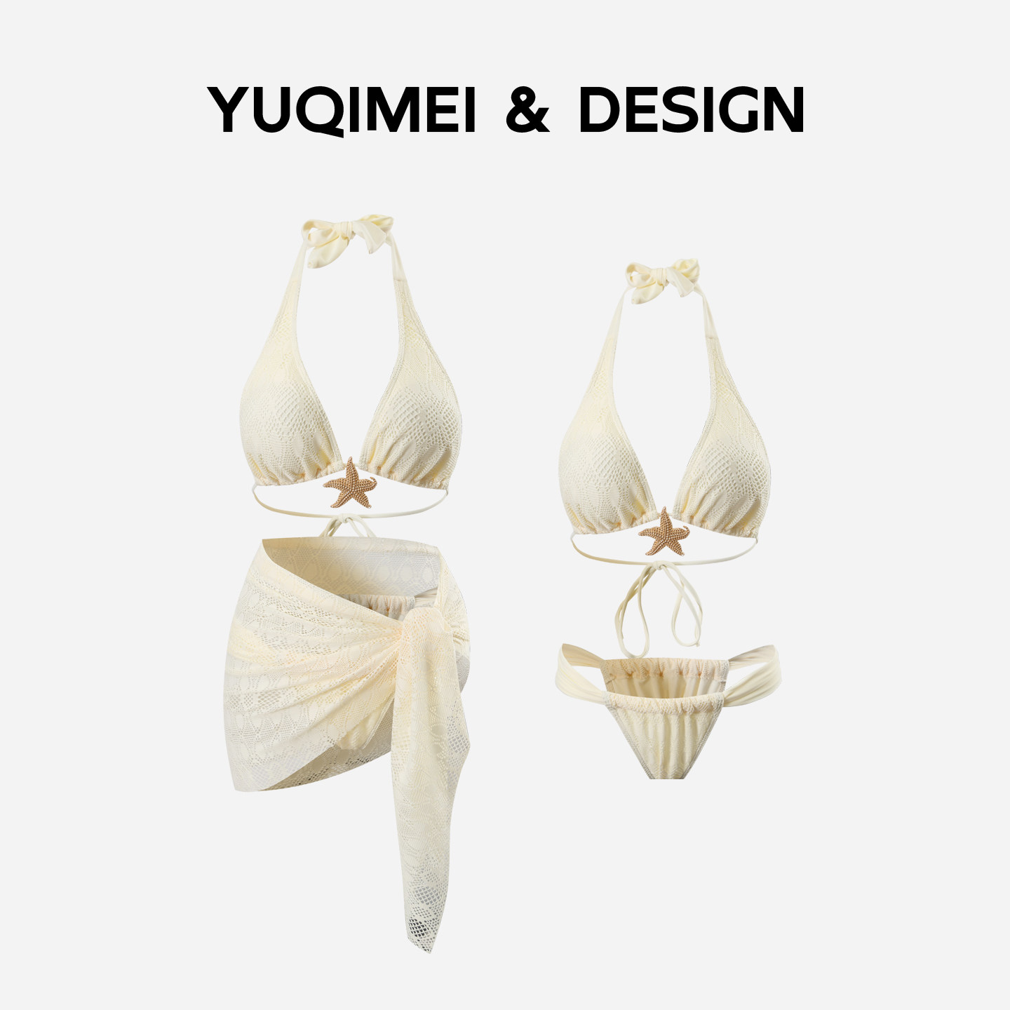 YUQIMEI新款挂脖蕾丝比基尼三件套纯欲分体温泉度假泳衣女高级感