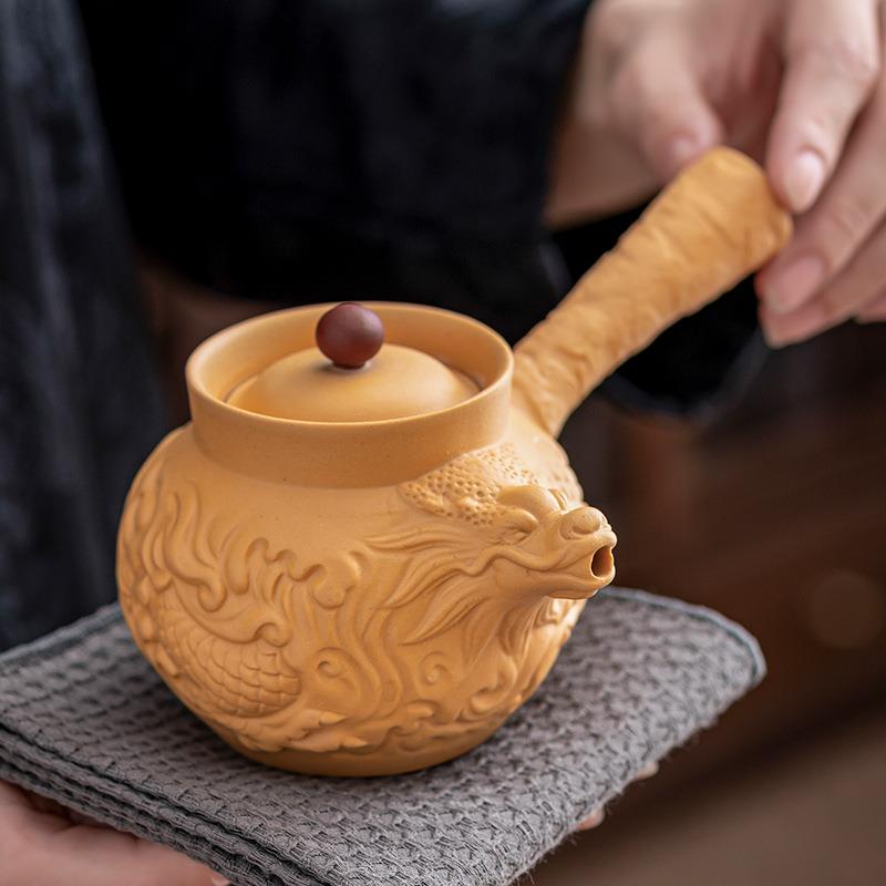 紫砂祥龙直把壶茶具功夫家用茶壶办公泡茶壶单个创意时尚陶瓷茶具