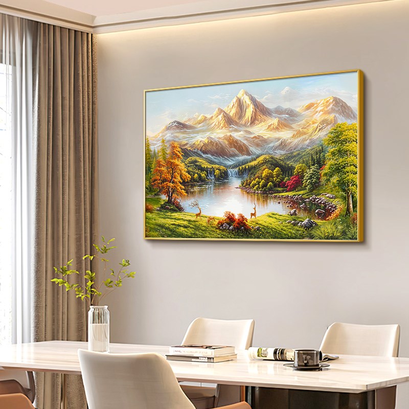 日照金山餐厅装饰画免打孔轻奢高级感饭厅餐桌背景墙挂画客厅壁画