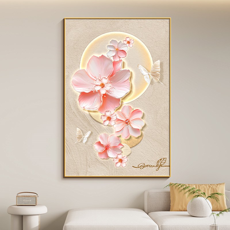 花卉奶油风客厅装饰画立体蝴蝶轻奢高级感落地画新款走廊过道挂画图片