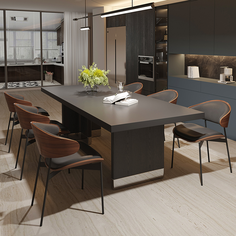 意式极简长方形黑色茶桌岩板实木脚复古包豪斯风大户型餐桌椅