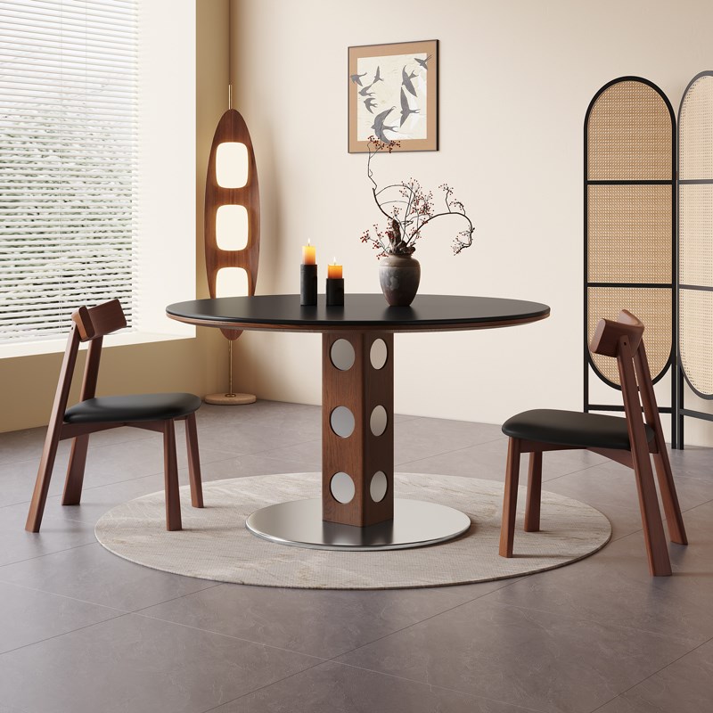 馨佰利伯格岩板餐桌椅202新款家用小户型圆桌复古风桃小饭桌