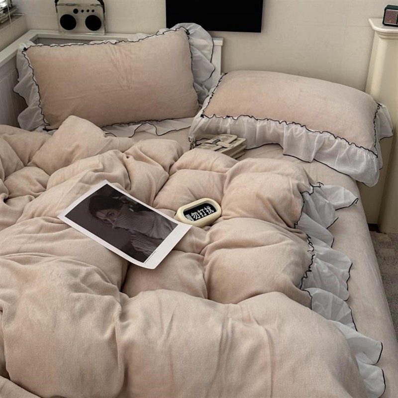 温柔in奶油少女蕾丝花边四件冬季加厚珊瑚绒三件床笠