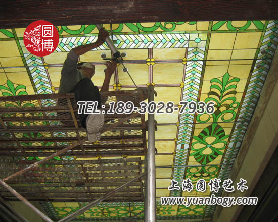 艺术彩绘玻璃穹顶上海翡翠别墅彩色穹顶玻璃圆博工艺