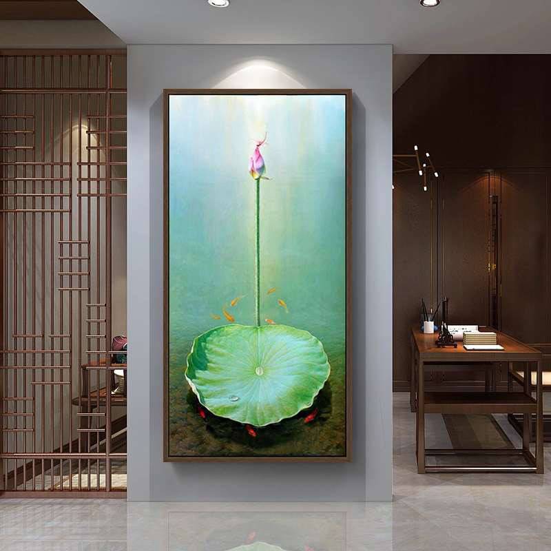 顺丰新中式手绘油画玄关装饰画过道走廊竖版壁画荷花九鱼图挂画图片