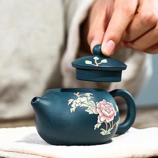 宜兴砂紫天青泥壶泥壶绘牡丹西1施壶小容量家用泡茶cc