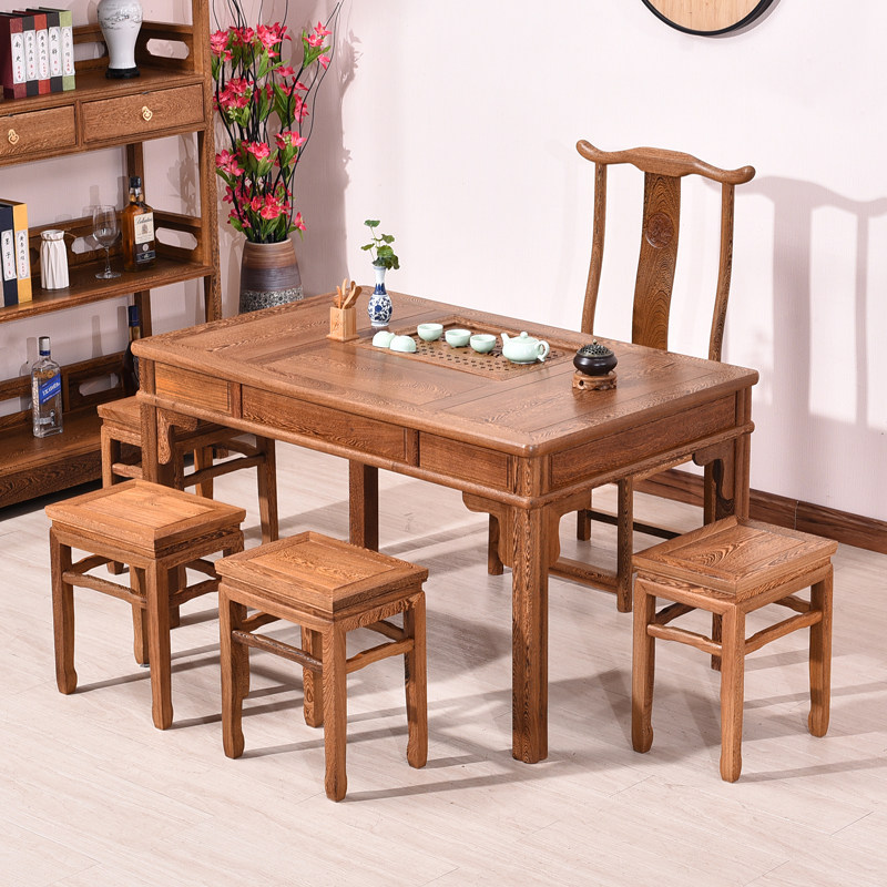 鸡翅木茶桌 红木泡茶桌中式实木茶桌椅组合 功夫茶几茶台茶盘一体