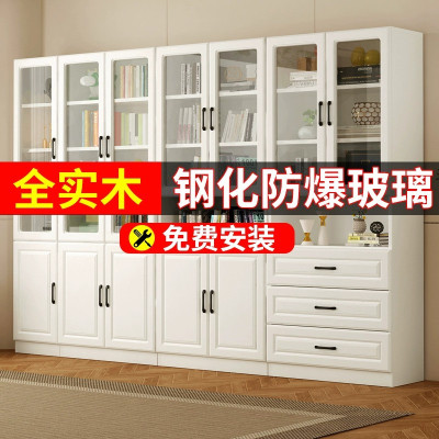 书柜带玻璃门实木组合柜一体靠墙到顶家用书架展示柜整墙书橱定制