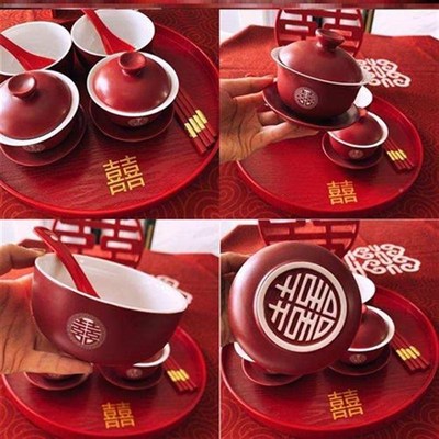 红碗婚结一对喜碗女筷套L8574装敬茶礼方陪嫁娘家婚礼用品盒餐具