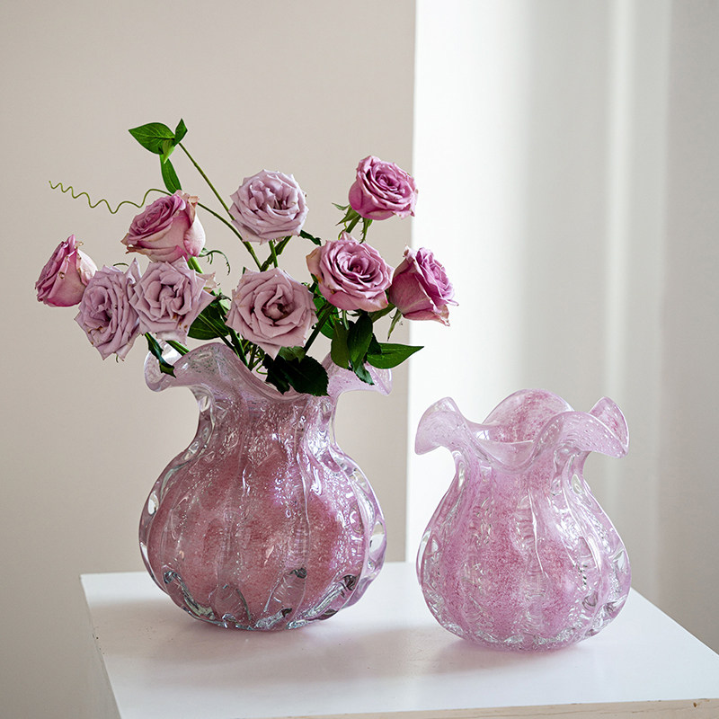 粉色钱袋子花瓶摆件厚重客厅插花琉璃花器高级感手工中古水养轻奢